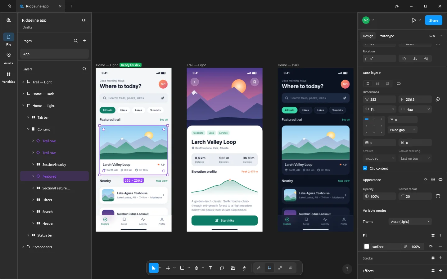 FigCraft designing three hiking app screens with auto layout, layers and a component selected
