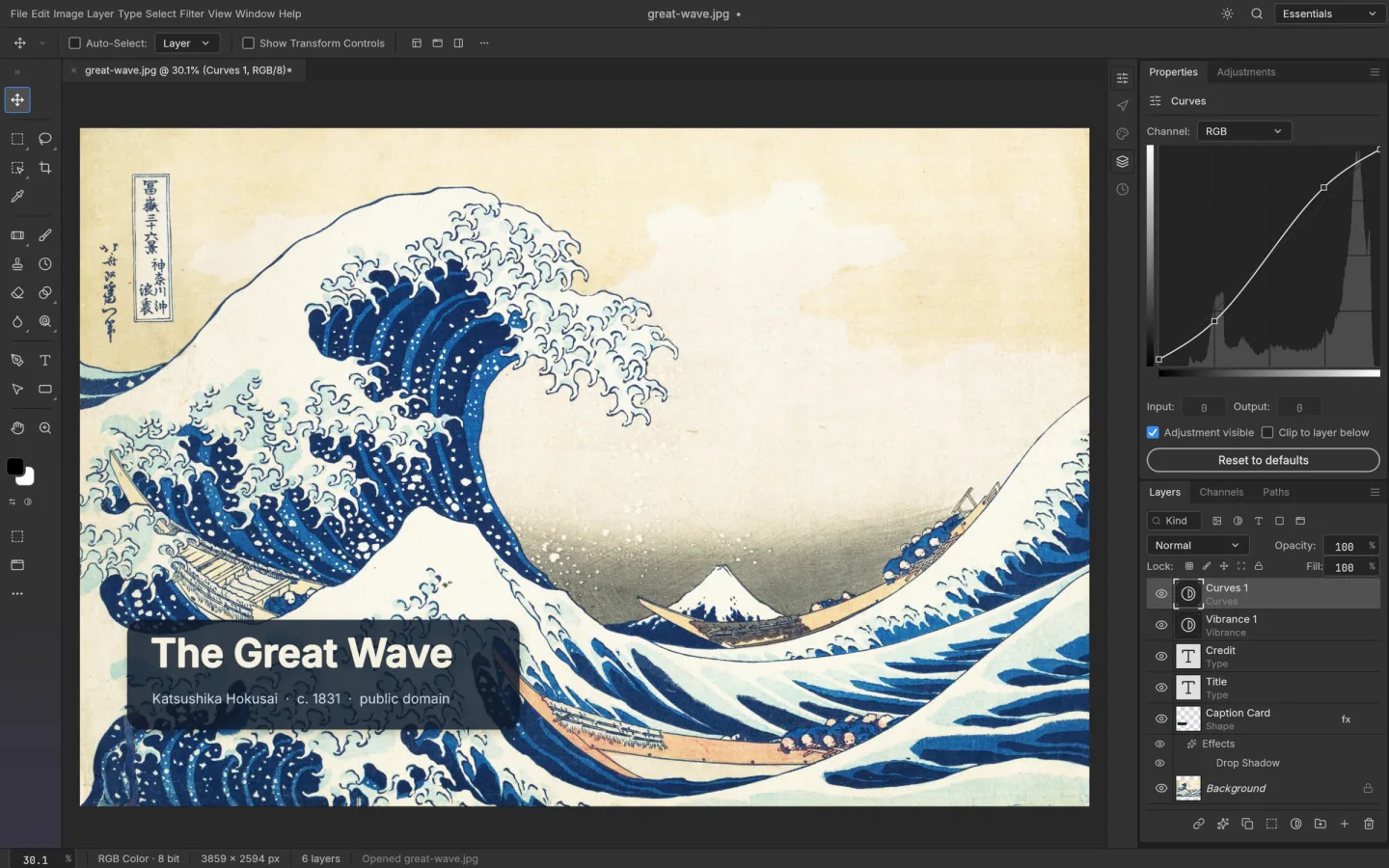 PhotoCraft editing Hokusai's Great Wave with layers, masks and the Curves adjustment panel