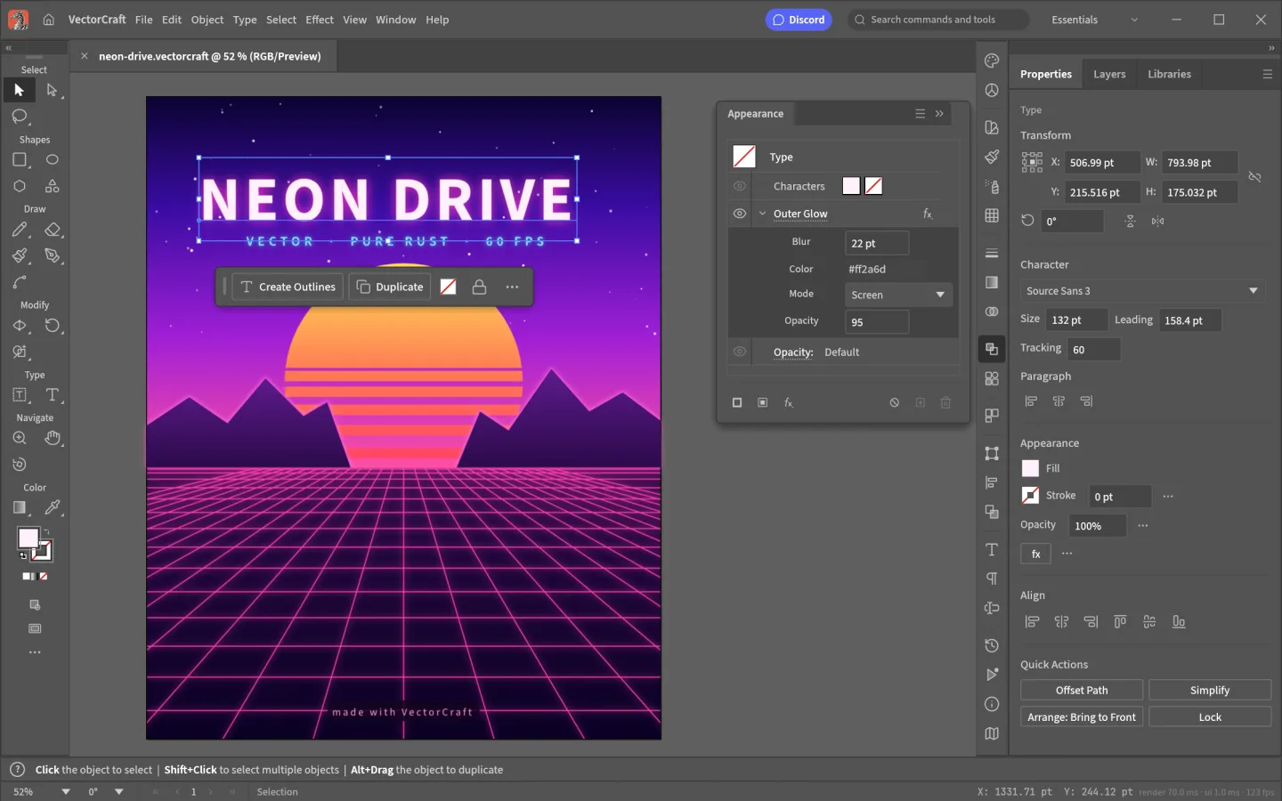 VectorCraft editing a Neon Drive poster with selected type and appearance controls